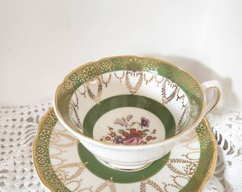 Denby Rockingham Bone China Tea Cup: Green Accent, Gold Gilt Floral Display or Gifting