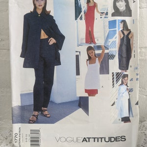May include: A sewing pattern for four different outfits. The pattern is for sizes 6-8-10 and is called Vogue Attitudes 1770. The pattern includes a black blazer and pants, a red dress with a slit, a white sleeveless dress, and a black sleeveless dress.