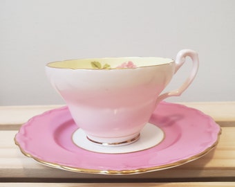 MisMatch Tea Cup Saucer Double Warrant Pink Paragon Saucer EB Foley Pale Pink Tea Cup with Yellow Interior Bouquet of Spring Flowers