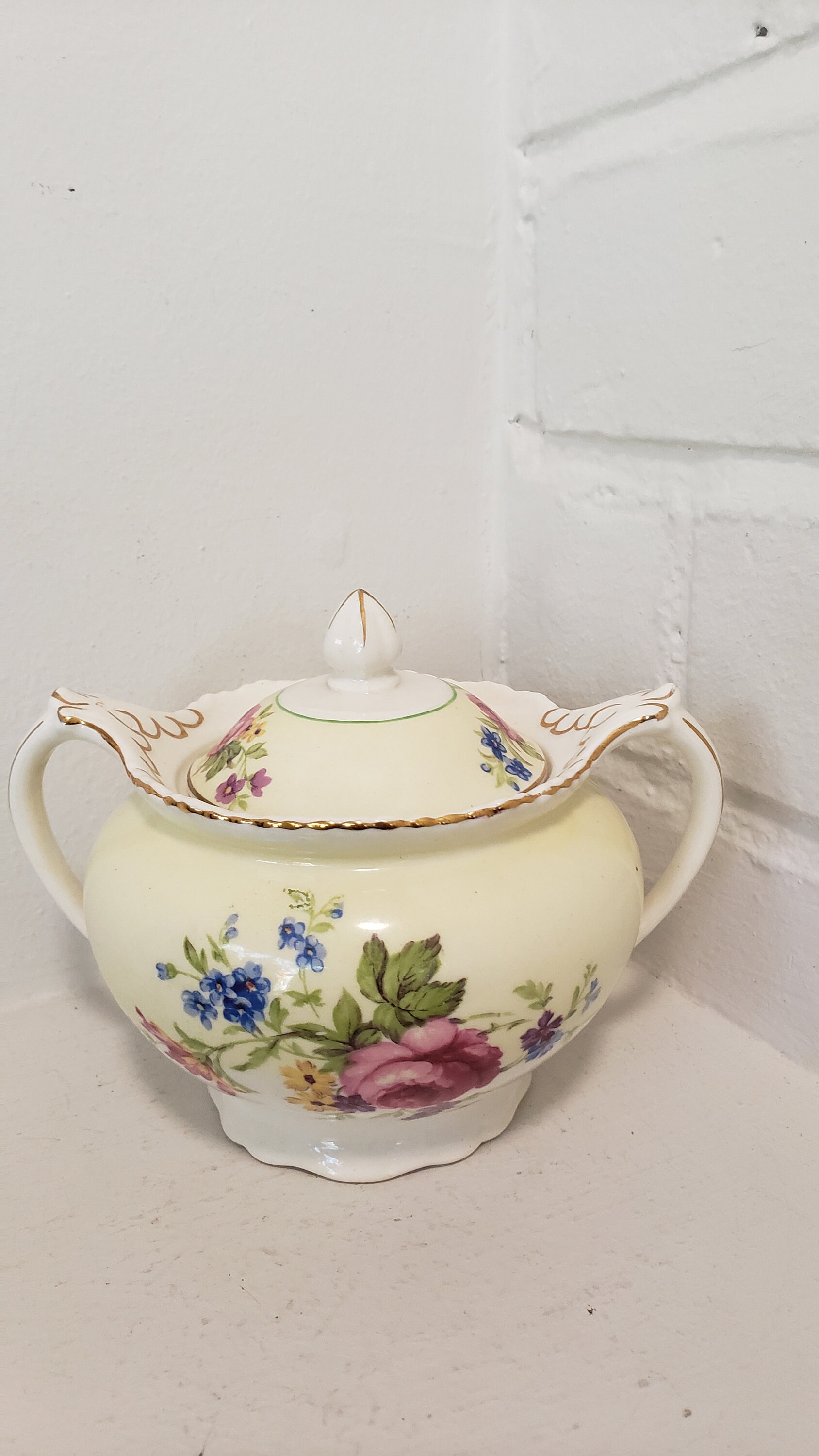 Vintage Woods Ivory Ware Sugar Bowl With Flowers Lid and Two Vintage Woods Ivory Ware Sugar Bowl With Flowers Lid and Two