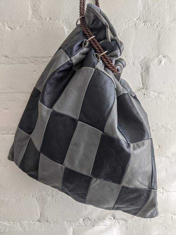 Vintage 70s Patchwork Leather Drawstring Purse: B… - image 1