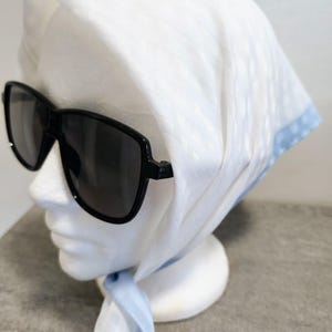 Small Square Polyester Scarf Made in Italy White with Sheer Check Light Blue Boarder Hand Rolled Edging Summer Spring Accent Scarf Neck