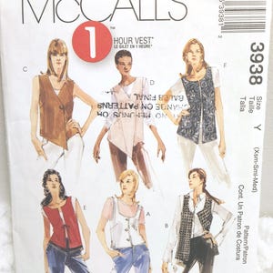 May include: McCall's sewing pattern for a one-hour vest. The package features illustrations of various vest styles, including a brown button-up vest, a white vest with a pink undershirt, and a black and white patterned vest. Size Y (Xsm-Sml-Med).