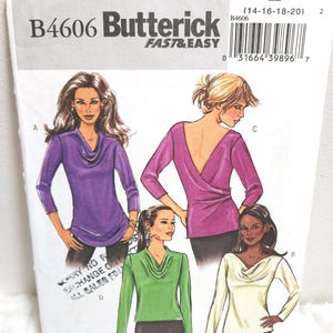 May include: A Butterick Fast & Easy sewing pattern, B4606, featuring illustrations of cowl-neck tops in purple, green, and cream. The pattern includes sizes 14-16-18-20. The package is white with black text and images.