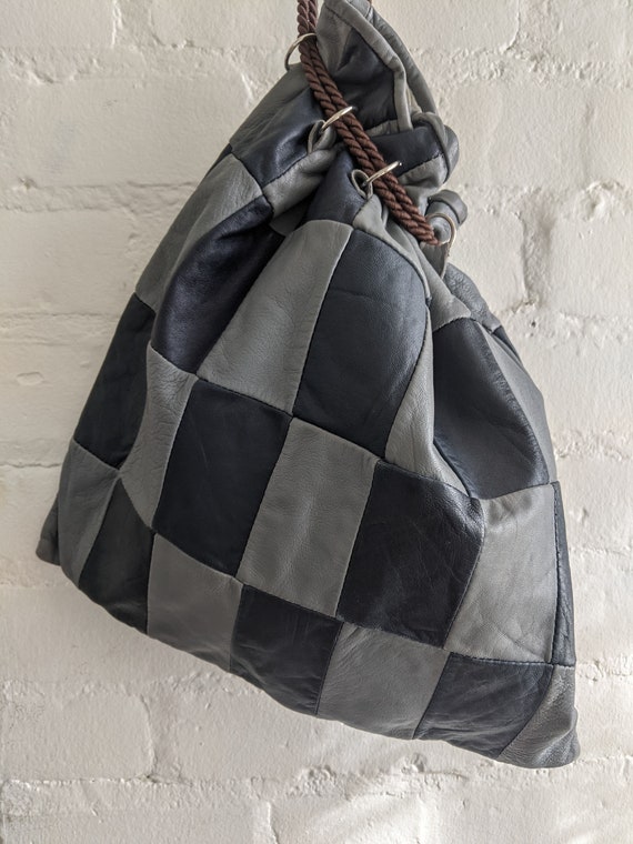 Vintage 70s Patchwork Leather Drawstring Purse: B… - image 10