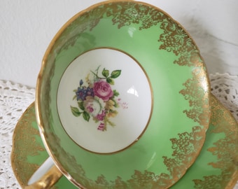 Vintage Wide Mouth Green Floral with Gold Trim Collingwoods China Tea Set