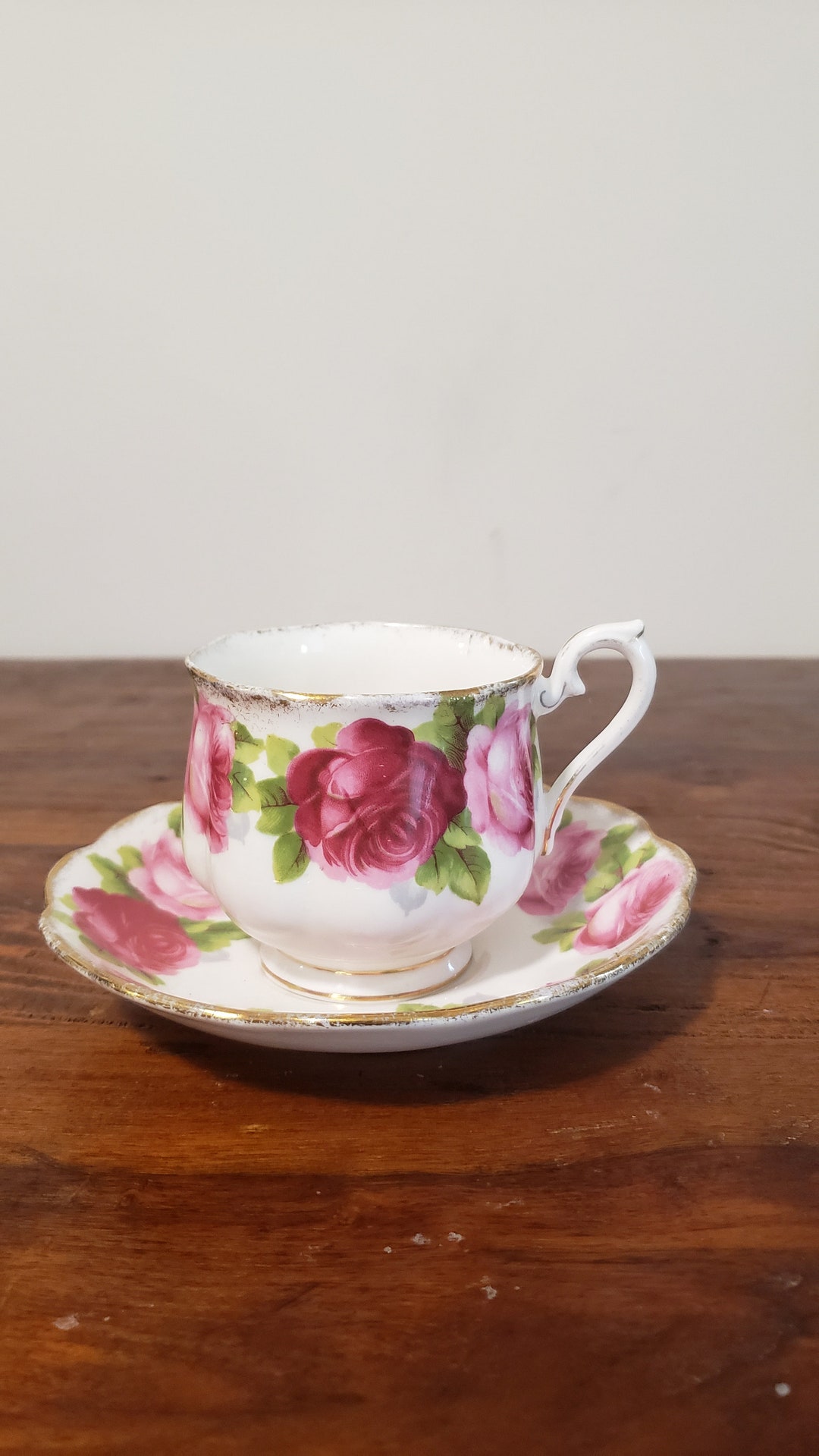 Old English Rose Tea Cup With Saucer Royal Albert Vintage Bone China Pink Red Roses Shabby Chic