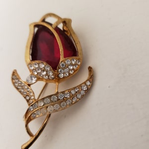 Rhinestone Rose Bud Brooch Vintage Red Rose Bud Pin Floral Brooch