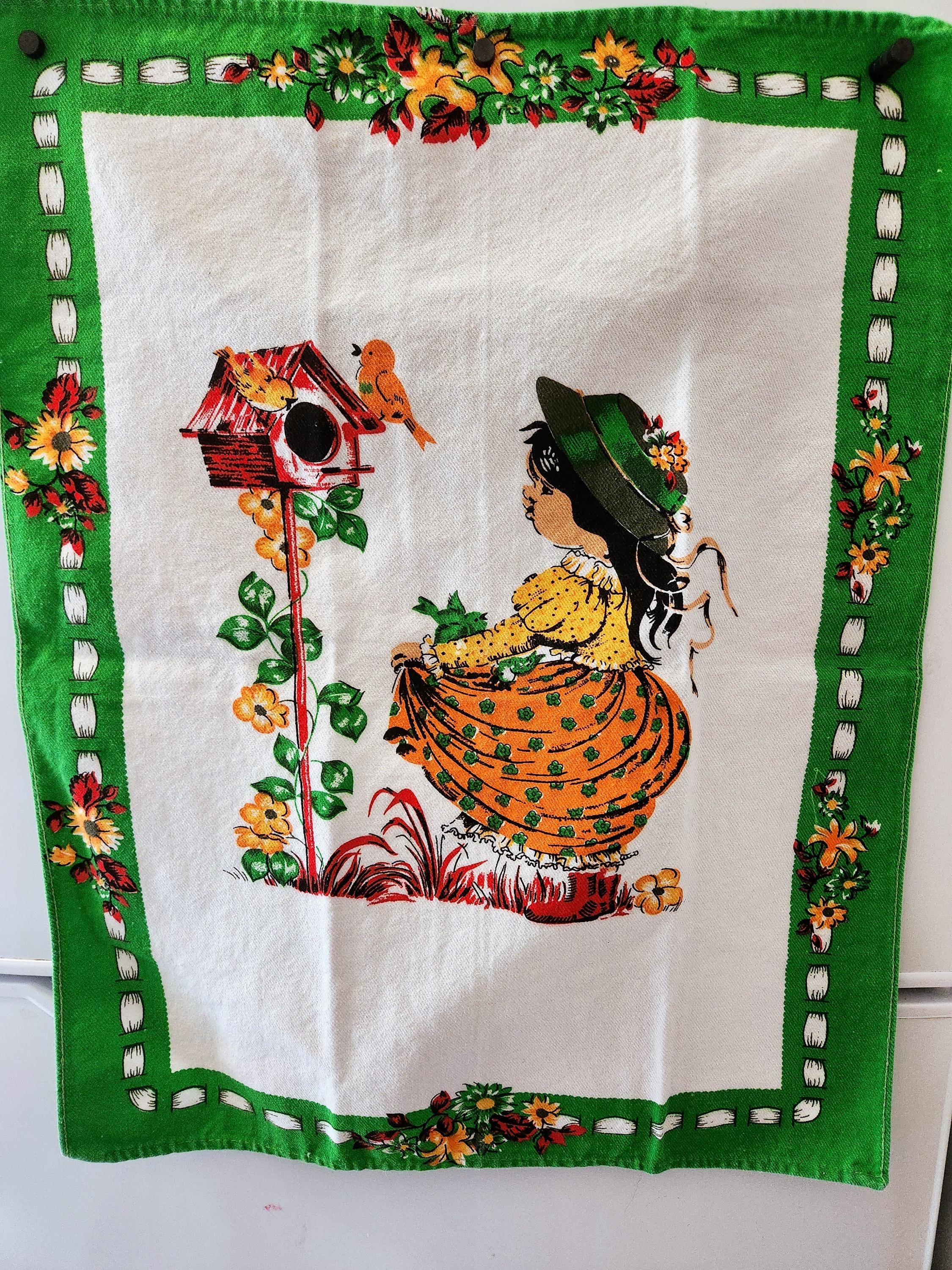 70s Vintage Cotton Tea Towel: Holly Hobbie Style Girl, Green