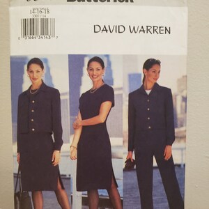 May include: A sewing pattern for a dress, jacket and trousers. The pattern is by Butterick and is designed by David Warren. The pattern number is 3307.