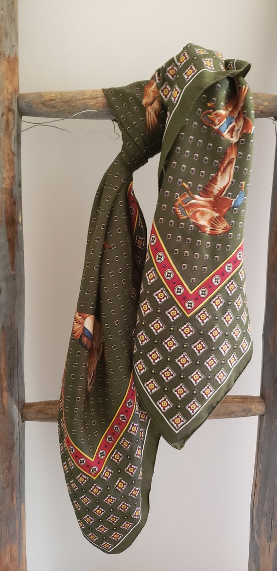 Green Vintage Square Scarf with Flying Ducks. Bird