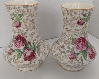 Pair of 7 Inch Vases by James Kent Rosita Pattern Number 3045 Longton England Vases with Roses and Gold Gilt Vintage Home Decor