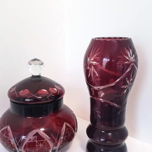 Ruby Red Cut Glass Vase and Lidded Storage Set Bohemian Vanity Decor