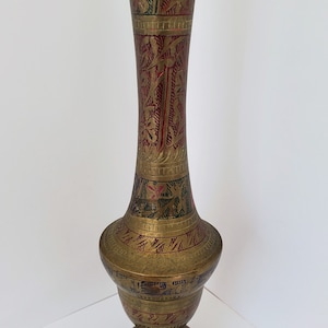 Brass Vase 10 Inch Vintage Brass Vase with Etched Coloured Accent Boho Vase Engraved Brass Vase Office Decor Man Cave Vase Brass Home Decor