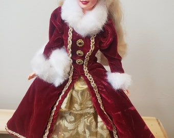 Vintage 1996 Happy Holiday Barbie Doll: Red Velvet Dress, Original Stand