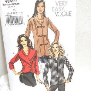 May include: A Very Easy Vogue sewing pattern, V8459, with illustrations of three jacket designs. The pattern includes sizes B5 (8-10-12-14-16). The cover shows a red jacket, a houndstooth jacket, and a tan toggle coat.