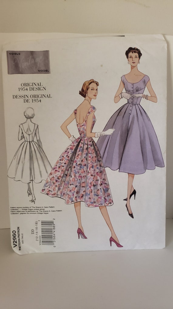 Vogue Original Model 1954 Dress Design V2960 Full Skirt Party