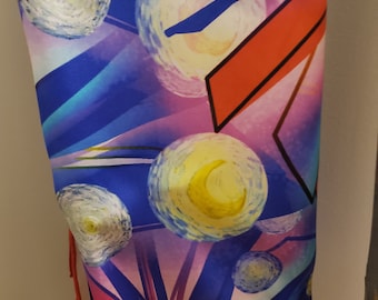 May include: A colourful silk scarf with a geometric pattern featuring abstract shapes, swirls, and circles in shades of blue, pink, red, and yellow.