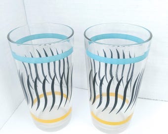 Vintage 5 Inch Drinking Glasses Black Blue Vertical Lines Pair