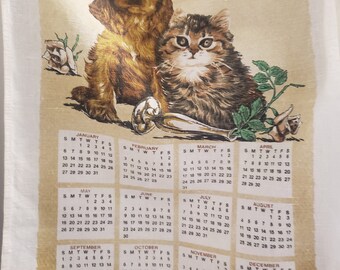 1985 Vintage Linen Tea Towel: Dog & Cat Calendar Kitchen Decor