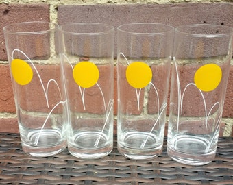 Vintage Clear Drinking Glasses with Yellow PolkaDot Set of Four Vintage Narrow 8 ounce Glasses