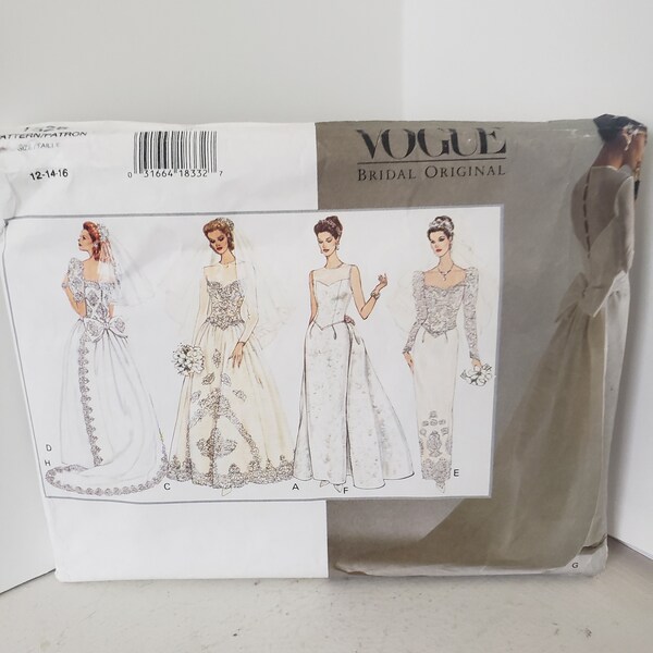 Vogue Bridal Original. UNCUT 1325 Size 12 to 16 Vintage Wedding Gown & Detachable Train Elegant Wedding Dress Pattern Vogue Bridal Gown