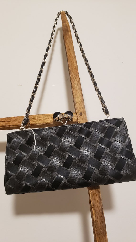 Vintage Designer Evening Bag With Short Chain Black Weave 