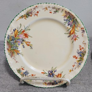 May include: Cream-coloured ceramic plate with a scalloped green edge. The plate features a floral design with blue, purple, orange, and yellow flowers. The plate is displayed on a white metal stand.
