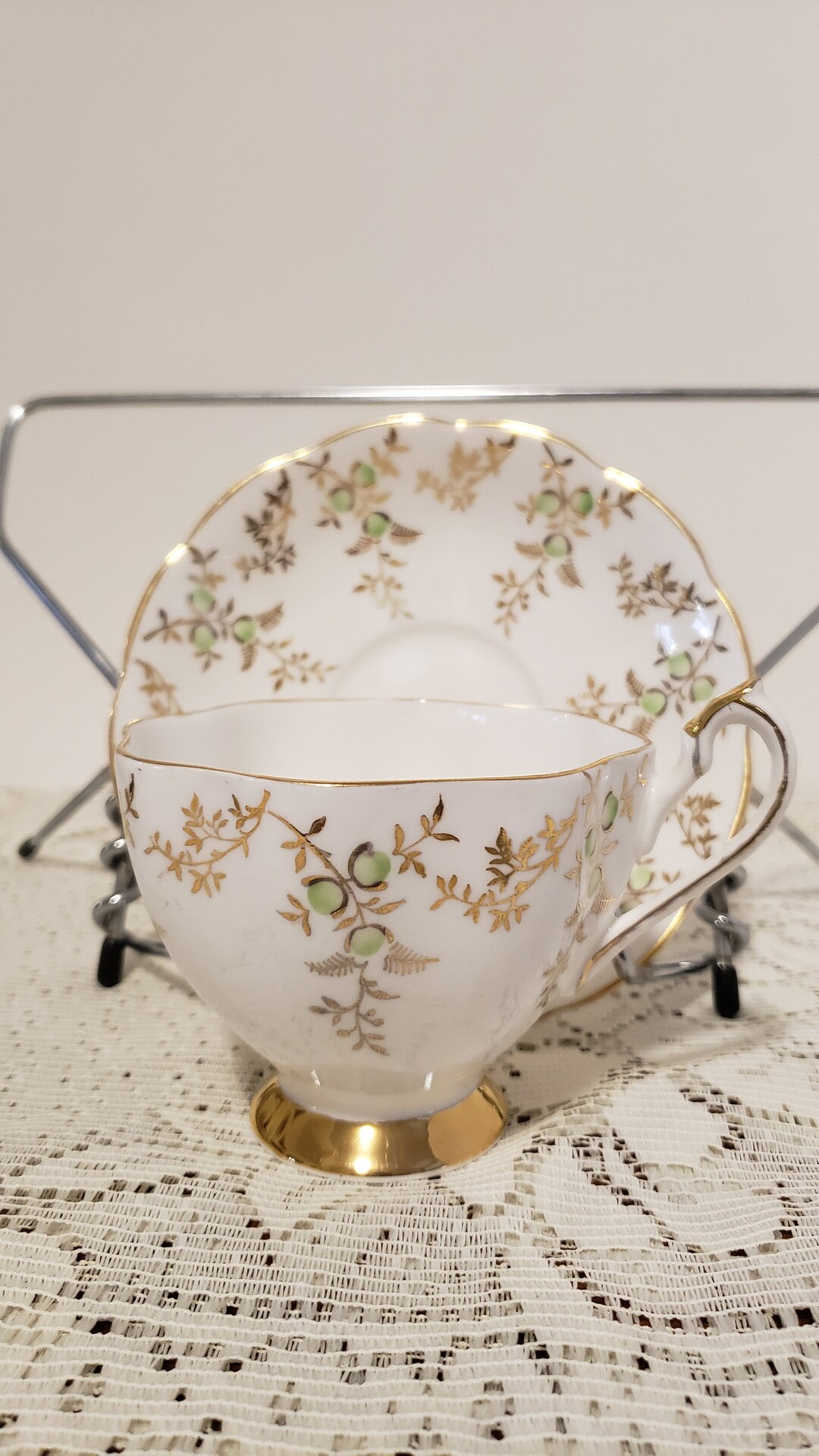 Queen Anne Tea Set White Tea Cup With Gold Leaf With Green Shabby Chic