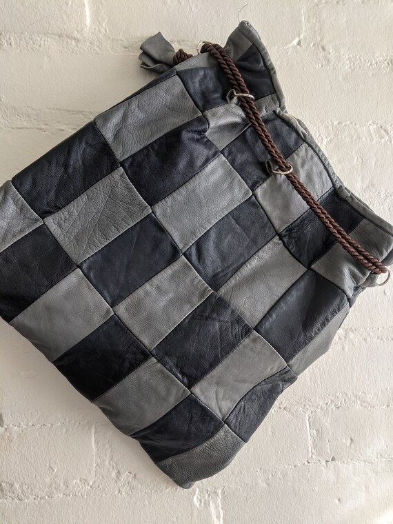 Vintage 70s Patchwork Leather Drawstring Purse: B… - image 8