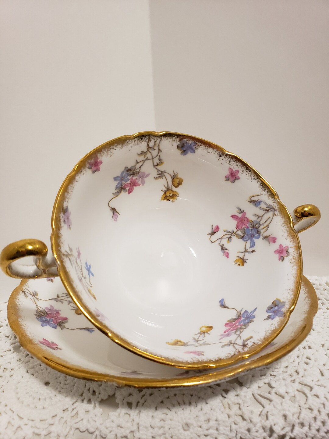 Royal Stafford Violets Pompadour Soup Bowl Double Handle Floral Soup