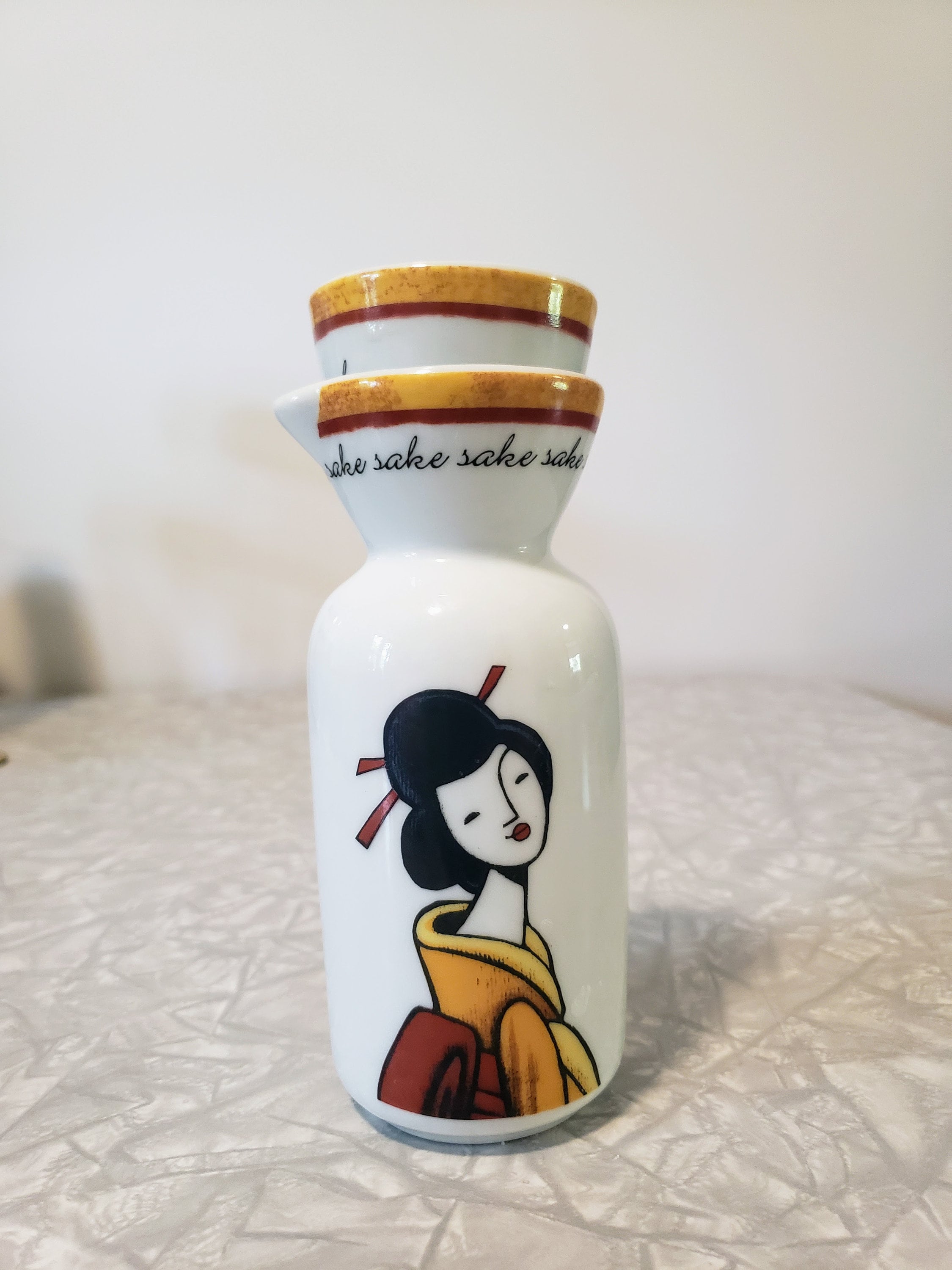 Japanese Sake Bottle With Single Cup Geisha Girl Bottle