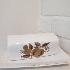 Vintage White Mikasa Butter Dish with Fruit Motif Terra Stone Romano Tile Japan Zen Table Decor 70s Butter dish With Lid House Warming Gifts