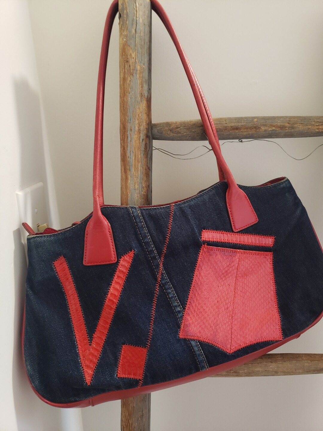 Louvier Paris Vintage Denim Purse: Red Vinyl Accent Boho Bag