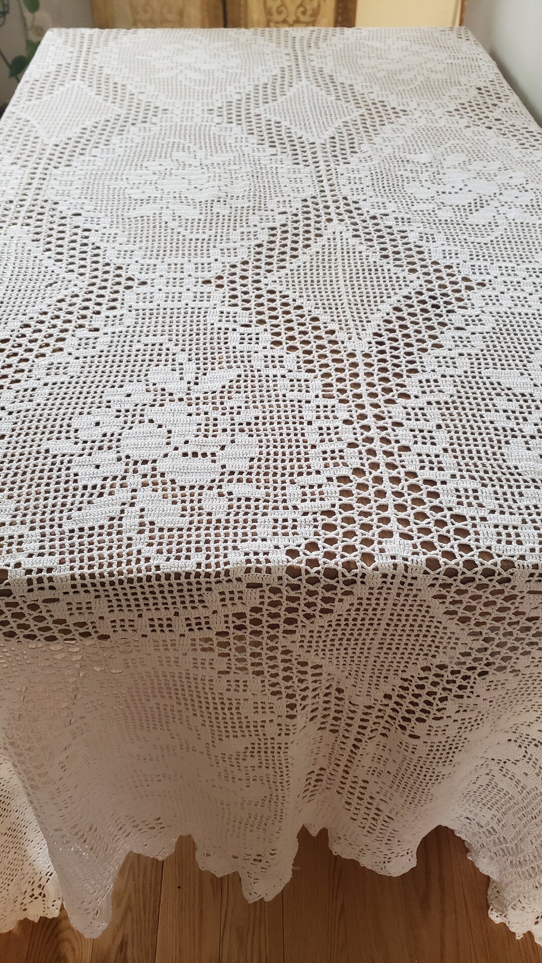 White Crochet Table Cover Vintage Hand Made Crochet Table Decor Shabby