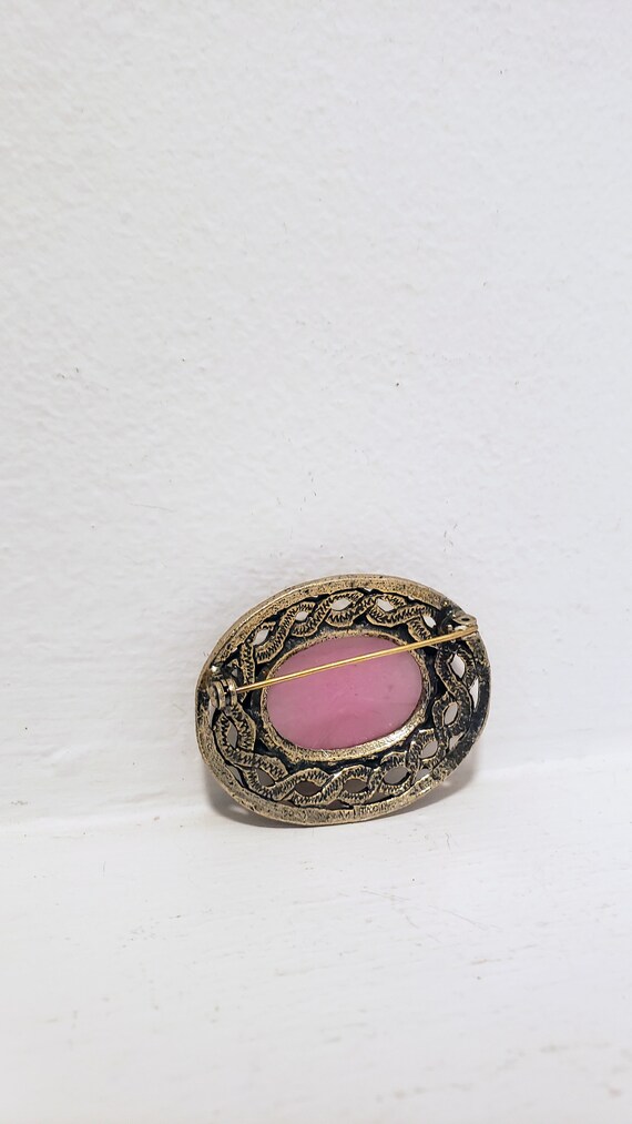 Oval Filagree Style Brooch with Pink Centre Vinta… - image 4