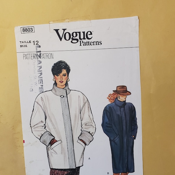 Vintage Vogue Coat 8801 UNCUT Size 12 Loose Fit Lined Straight Coat Three Quarter Length Coat or Mid Calf Length Coat