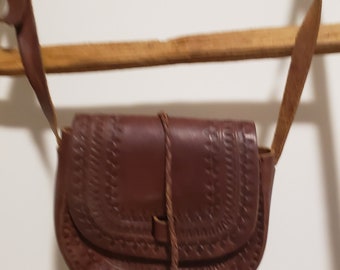 Vintage Hand Tooled Leather Purse Cross Body Shoulder Bag Brown Hand Made Leather Vintage Purse