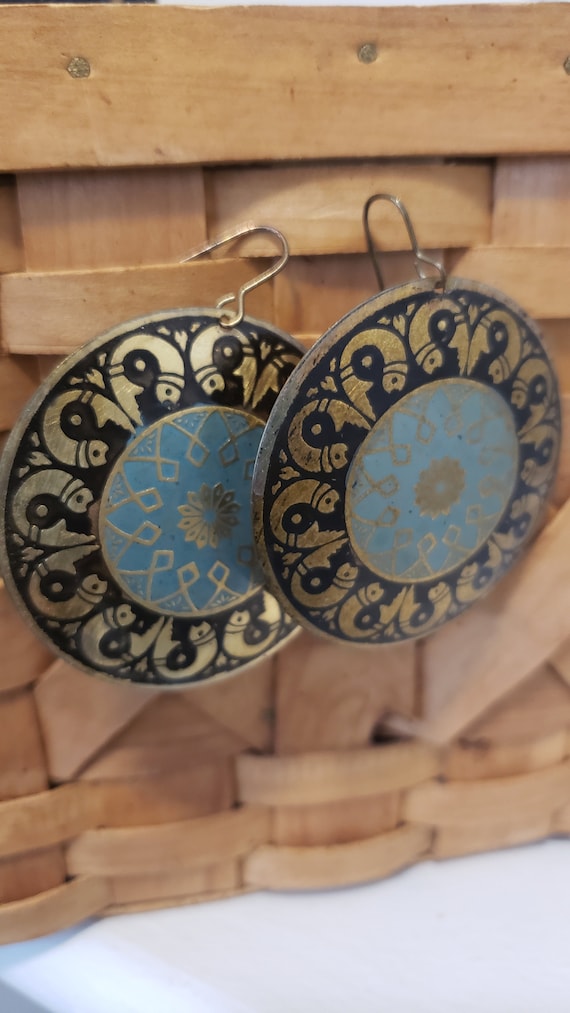 Vintage Mandala Earrings Round Earrings Brass Tone