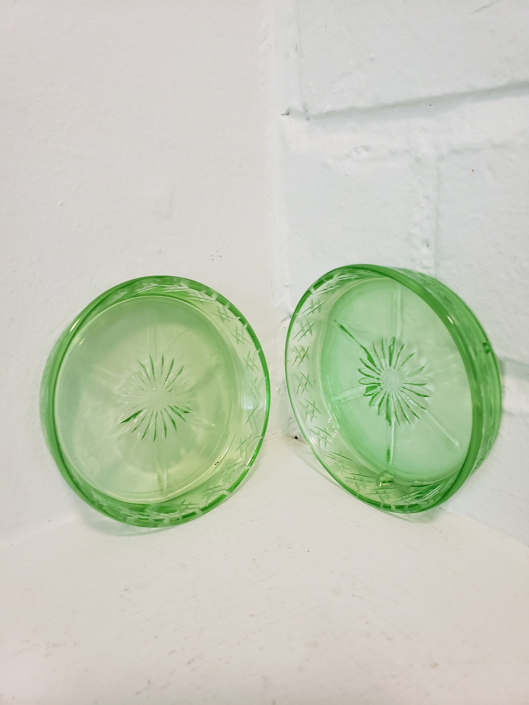 Pair of Green Art Glass Coasters Vintage Glass Coasters Depression