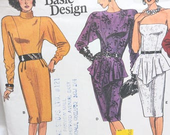 May include: Vintage Vogue's Basic Design sewing pattern featuring illustrations of three dresses. The dresses are in shades of yellow, purple, and white. The pattern includes a price tag and store information.