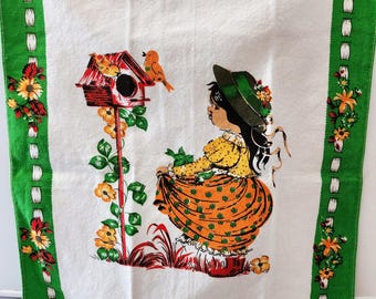 70s Vintage Cotton Tea Towel: Holly Hobbie Style Girl, Green