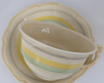 Pale Yellow Tea Cup and Saucer with Green and Grey Stripe and Yellow Accent Vintage Diner Style Tea Set Pale Yellow Vintage Tea Set