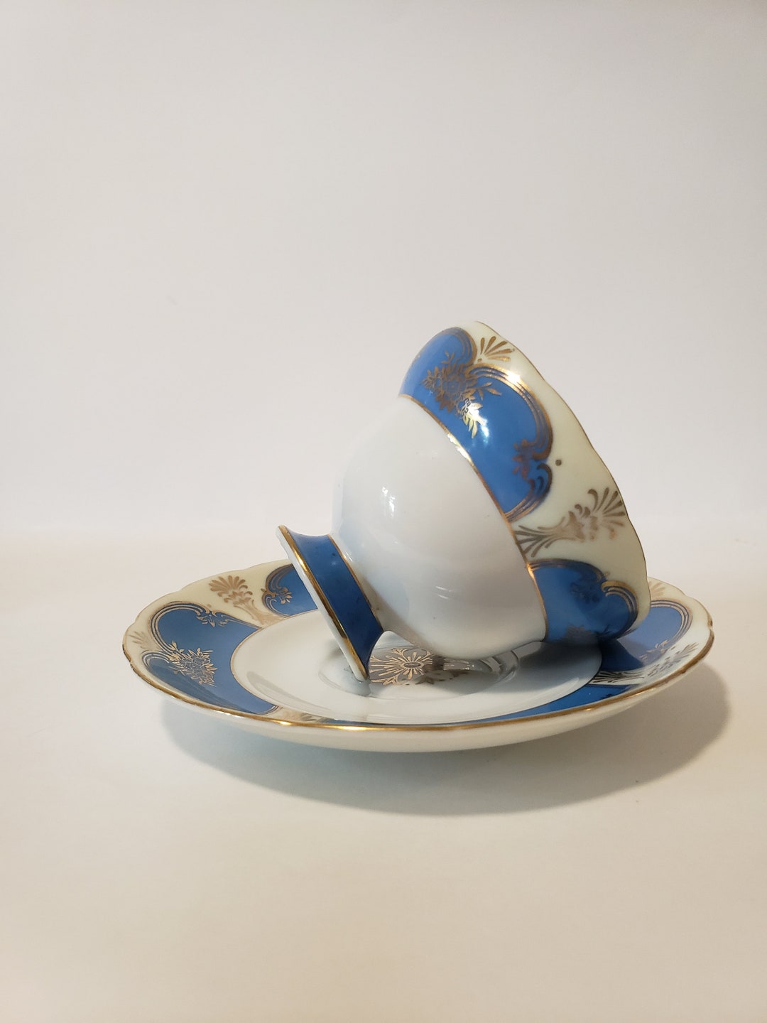 Vintage Shafford Porcelain Tea Cup and Saucer: Blue Gold Hand Painted ...