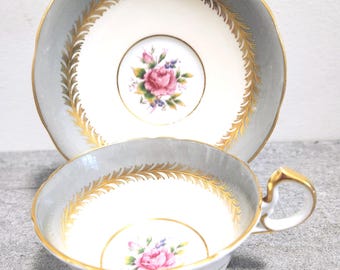 Aynsley Tea Cup: Grey, Gold & Rose Floral Wide Mouth