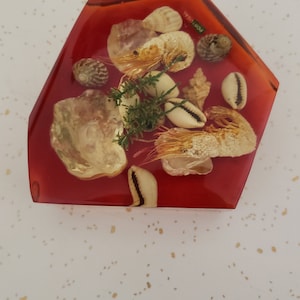 Lucite Paperweight: Embedded Shells, Kitsch Office Decor
