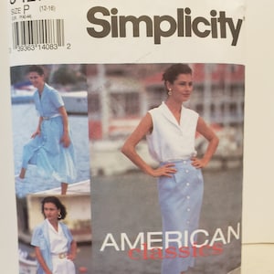 May include: Simplicity sewing pattern number 3427 for sizes 12-16. The pattern is for a dress and skirt with a button-up front and a collar. The pattern is labelled "American Classics".
