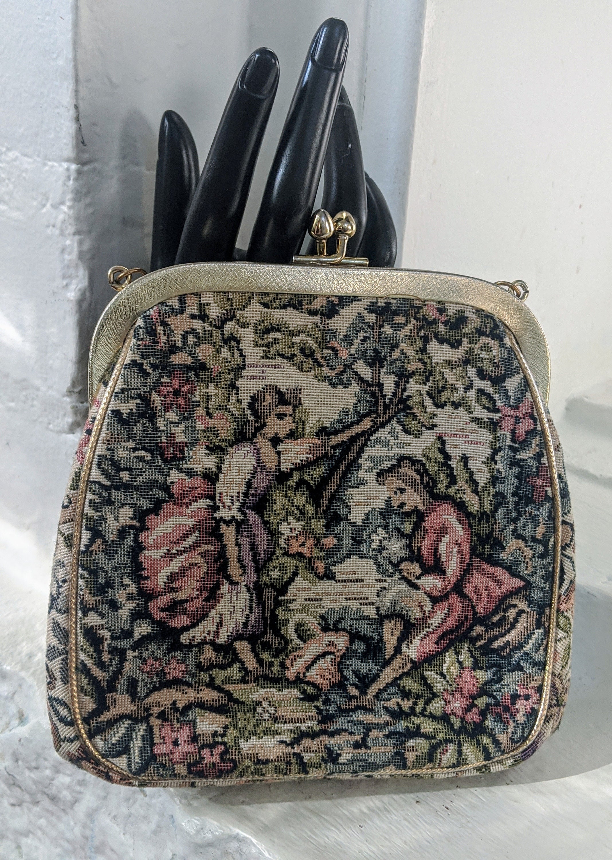 Vintage Julius Resnick JR French Tapestry purse handbag Victorian Couple  floral