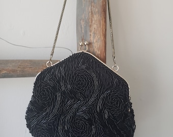 Black Beaded DeVal Hand Bag With Chain Strap