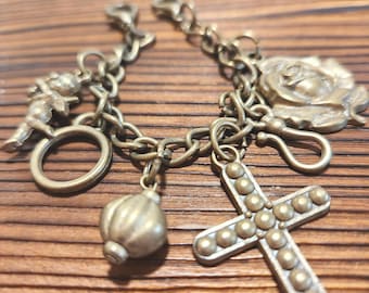 Vintage Brass Tone Charm Bracelet: Cross, Rose, & Angel Charms
